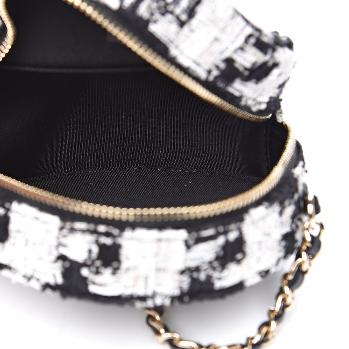 Tweed Round Clutch With Chain Black White