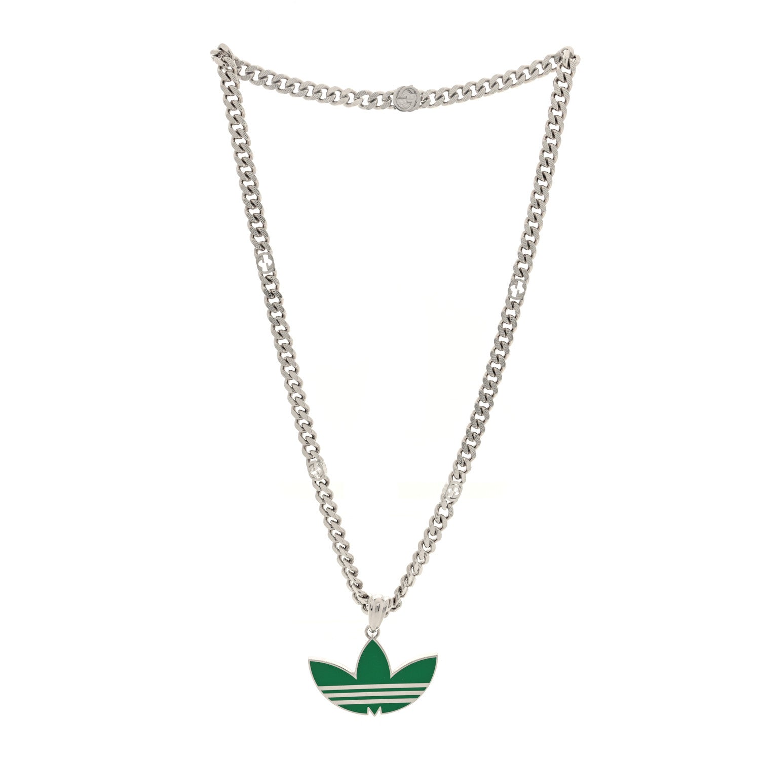 Gucci X ADIDAS Enamel Trefoil Gourmette Pendant Necklace Silver Green 3 of 5