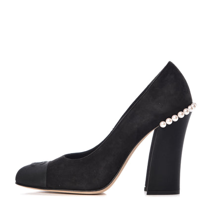 Chanel Suede Grosgrain Pearl CC Cap Toe Pump 39.5 Black 1 of 9