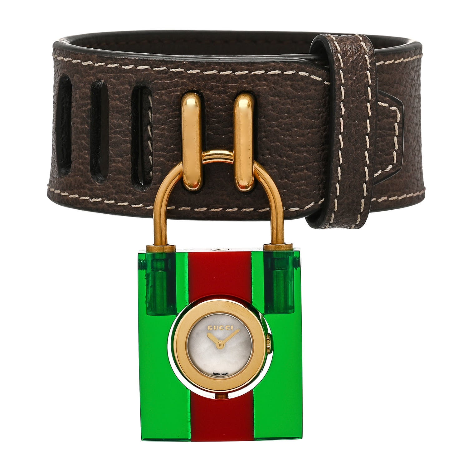 Gucci Stainless Steel Plexiglass Calfskin Mother of Pearl 30mm Twirl Lock Quartz Watch 1 of 5