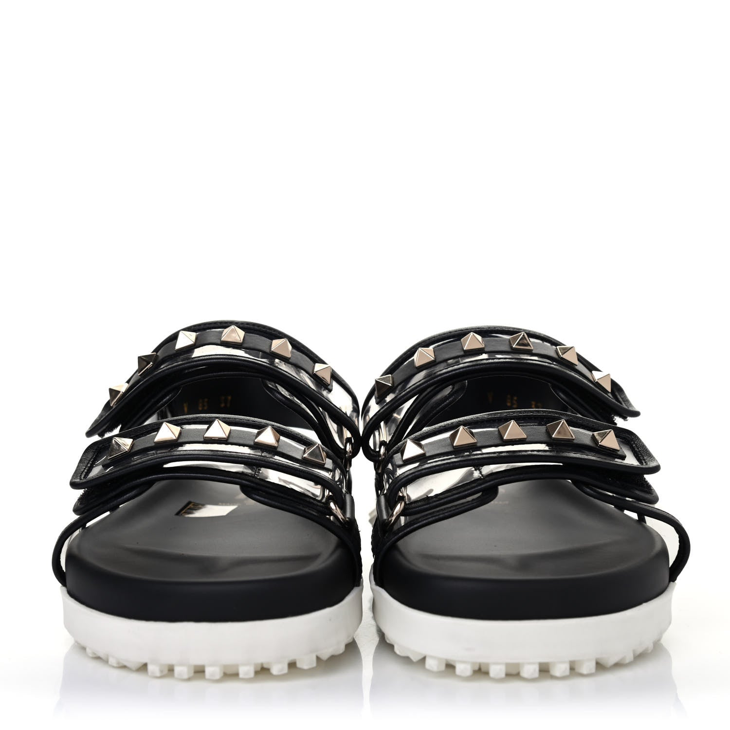 Valentino Garavani Calfskin PVC Rockstud Velcro Sandals 37 Black White 2 of 4