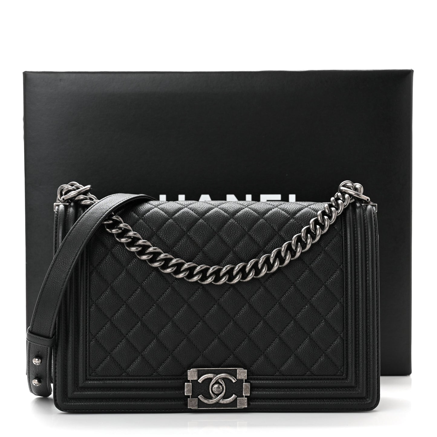 Grained Calfskin Quilted New Medium Boy Flap Black