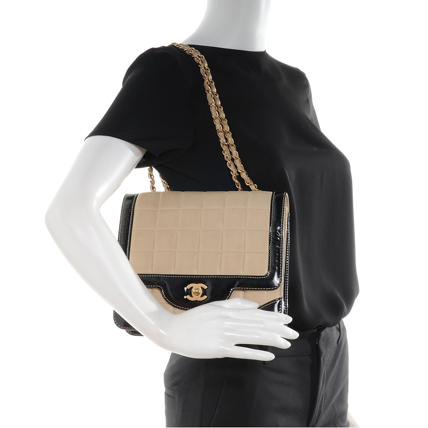 Lambskin and Patent Chocolate Bar Flap Beige