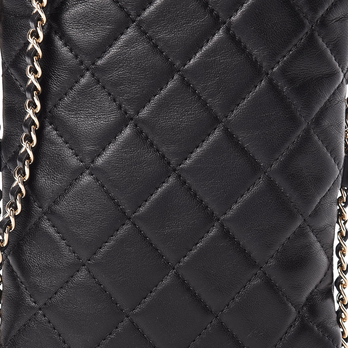 Lambskin Quilted Chain Around Phone Holder Black