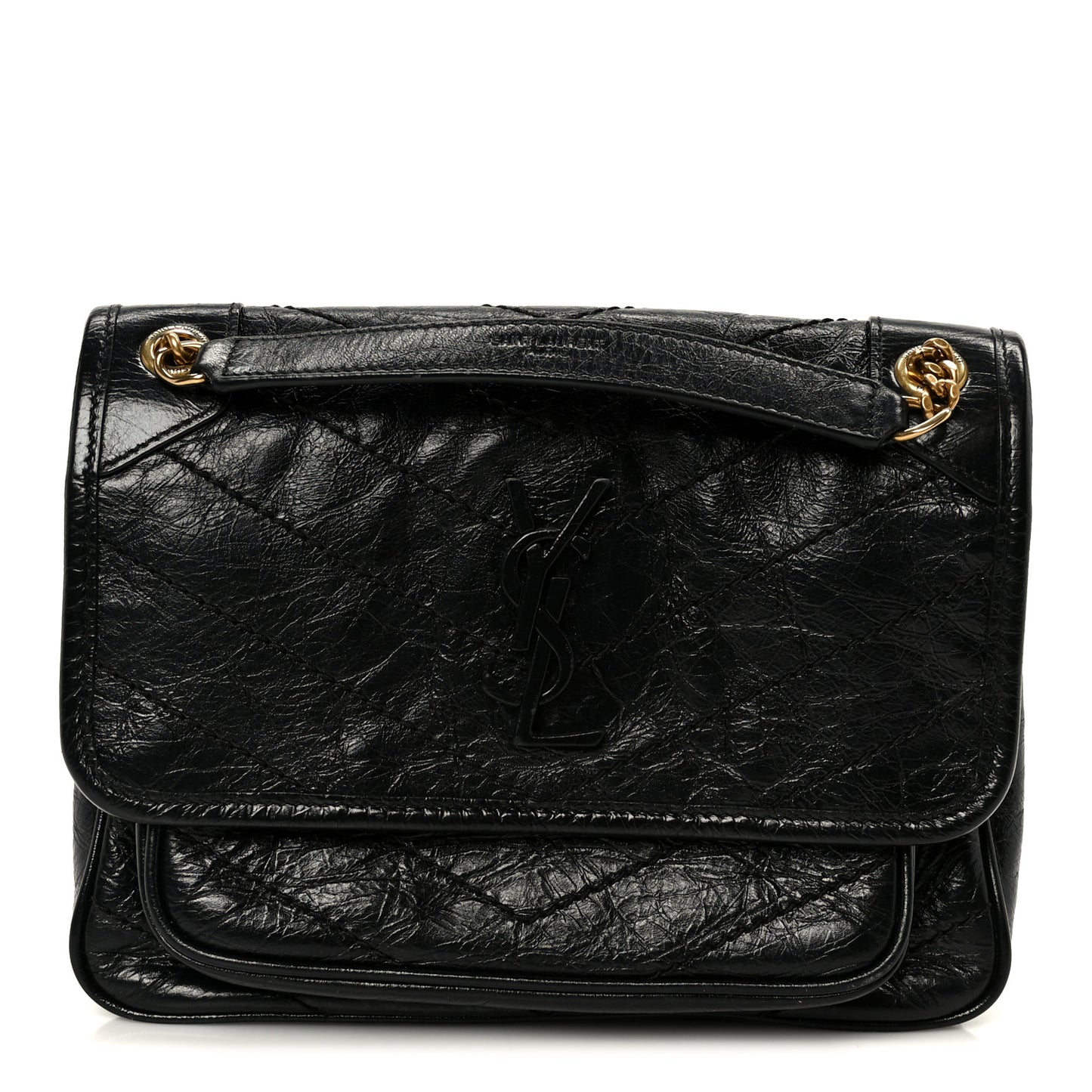 Crinkled Calfskin Matelasse Monogram Baby Niki Chain Satchel Black