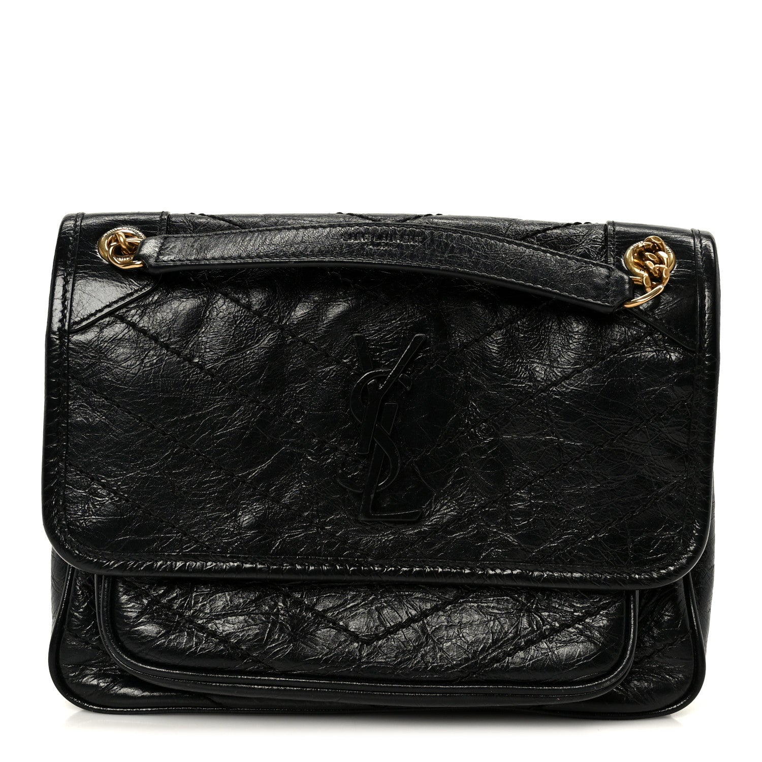 Saint Laurent Crinkled Calfskin Matelasse Monogram Baby Niki Chain Satchel Black 1 of 11