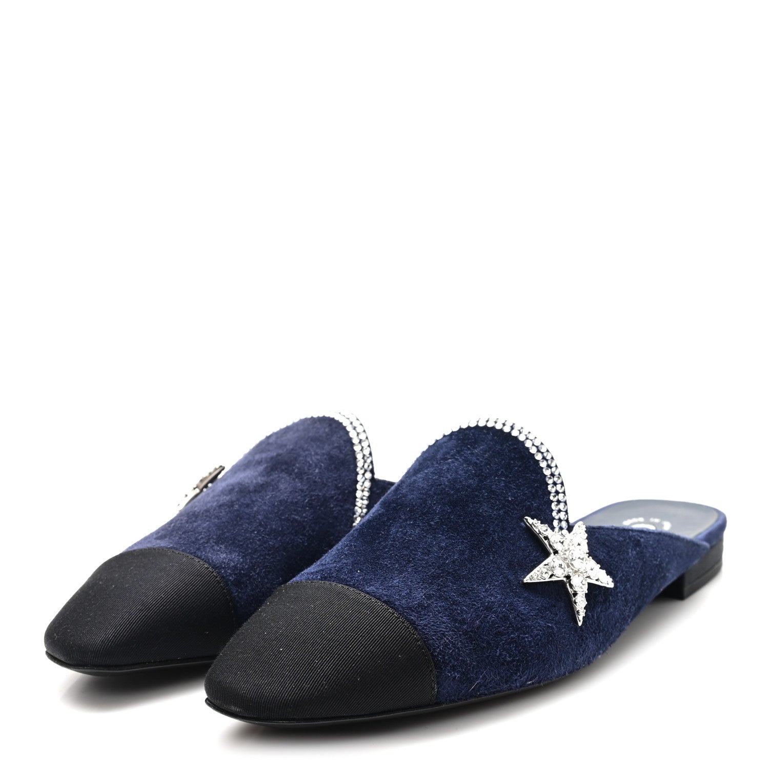Chanel Suede Calfskin Grosgrain Crystal CC Star Mules  37.5 Blue Black 4 of 9