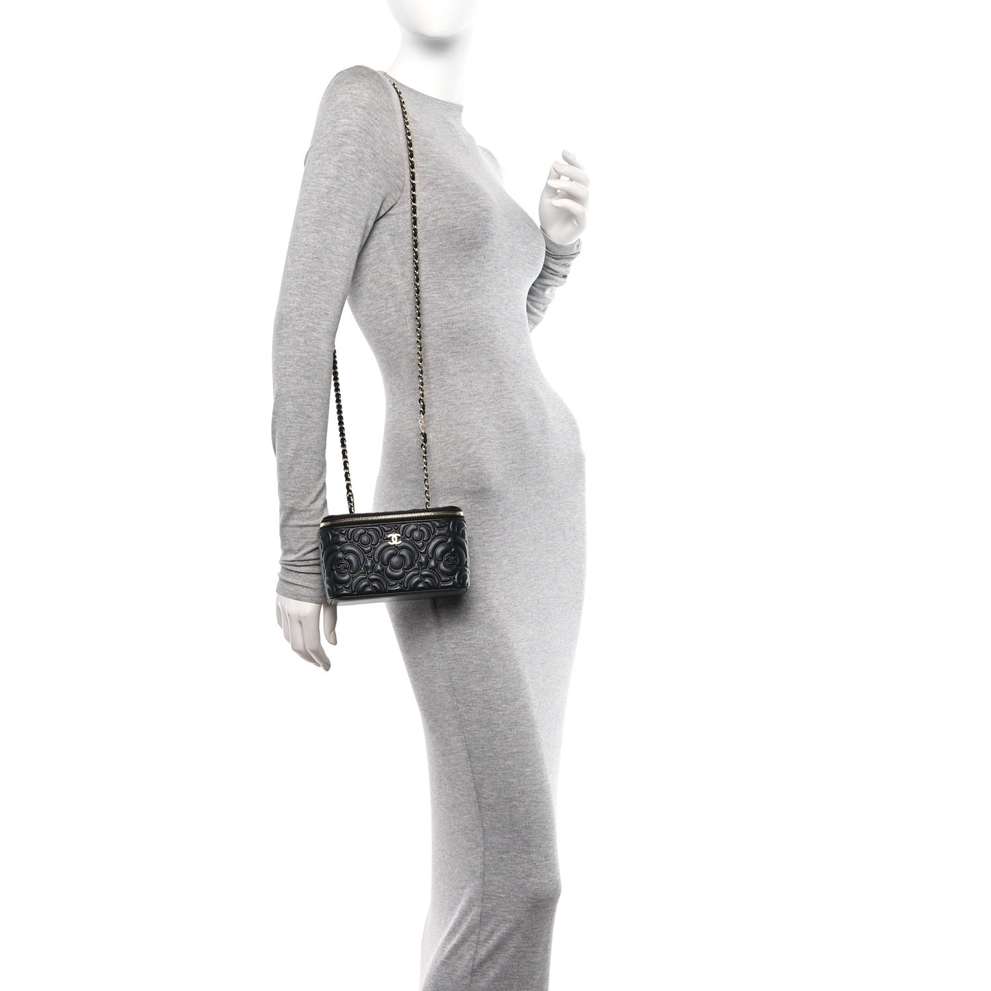 Lambskin Camellia Embossed Small Vanity Case With Chain Black