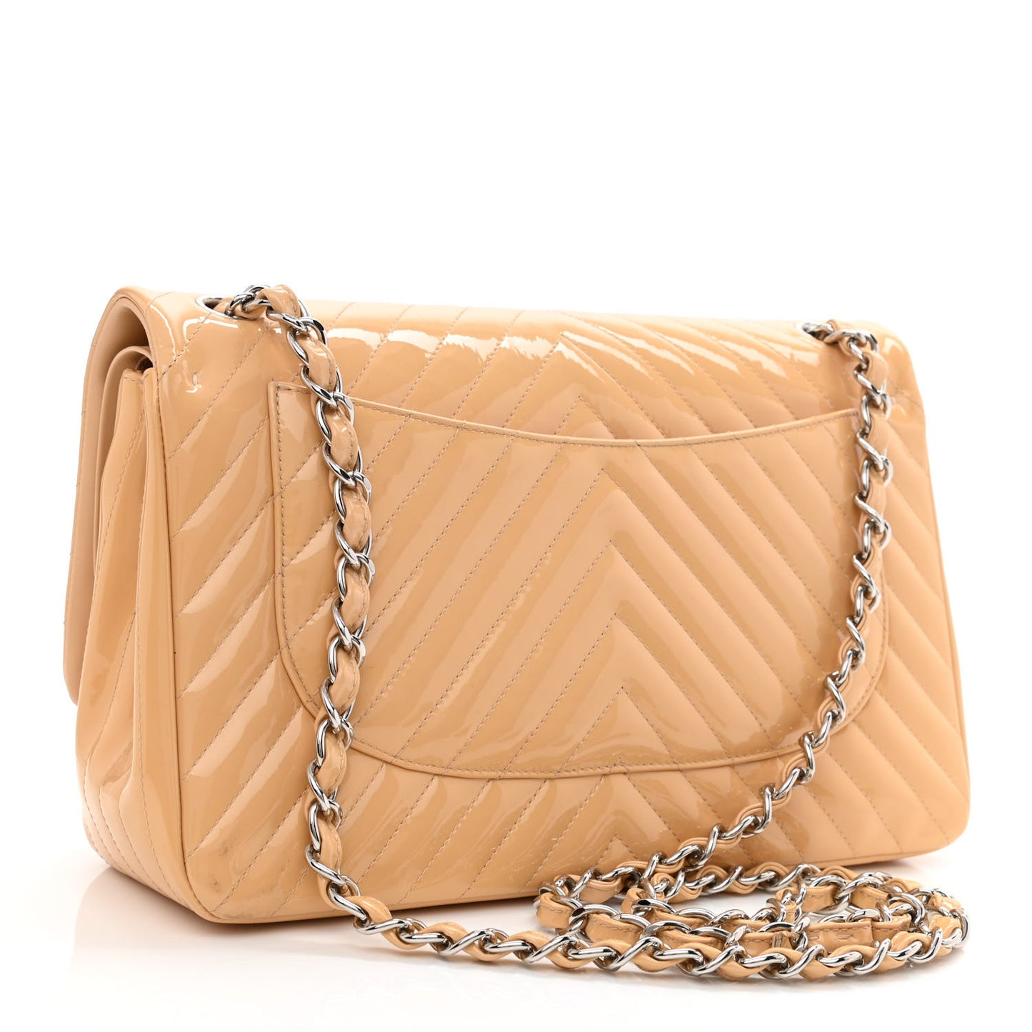 Patent Chevron Quilted Jumbo Double Flap Beige