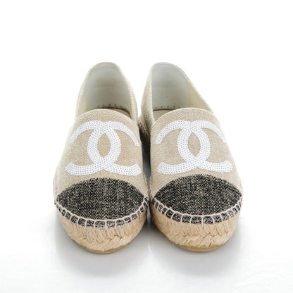 Chanel Toile Sequin CC Espadrilles 35 Beige Black 2 of 8