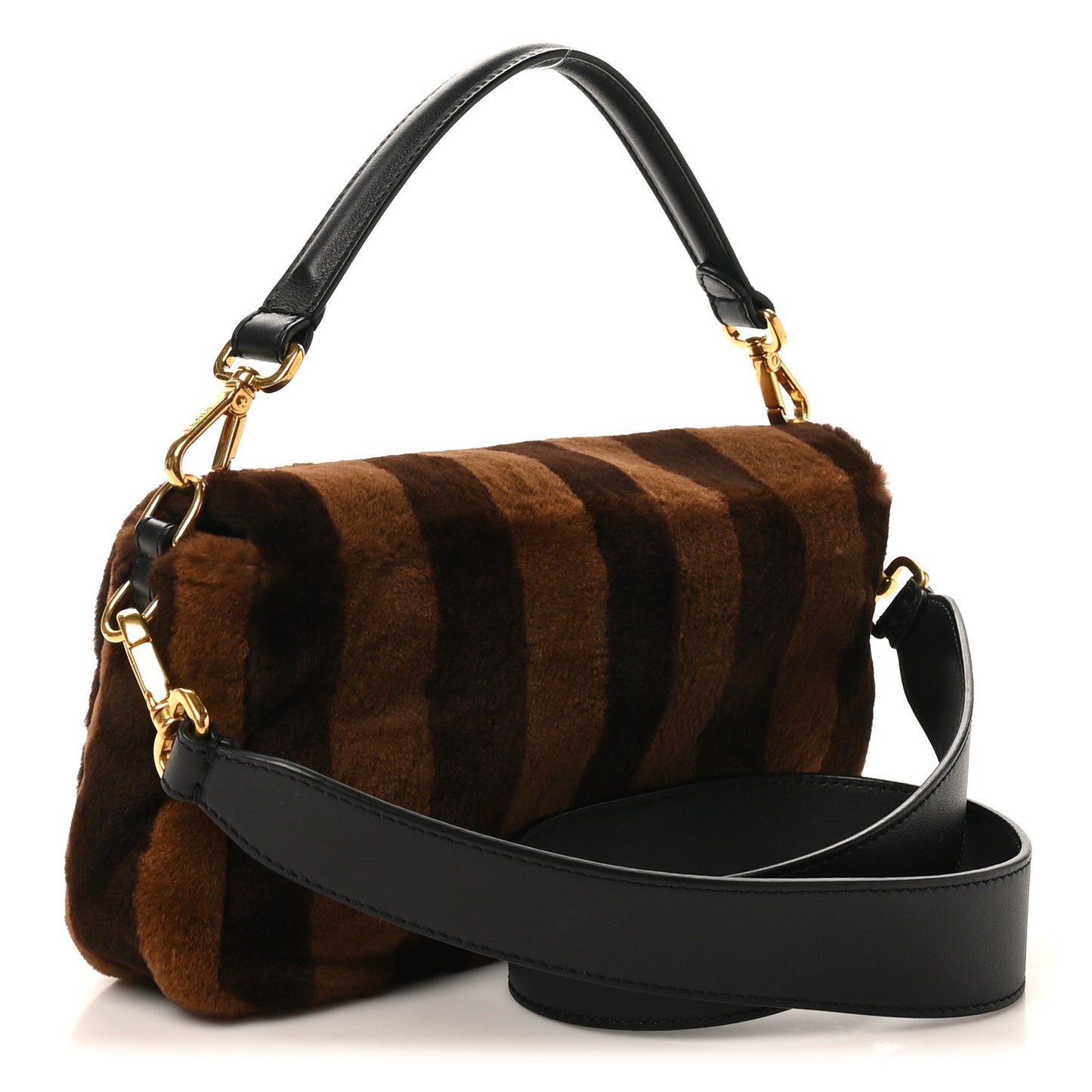 Shearling Vitello Vernice Mou Pequin Striped Baguette Tobacco Black