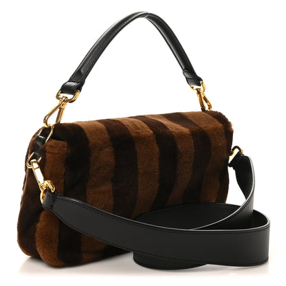 Fendi Shearling Vitello Vernice Mou Pequin Striped Baguette Tobacco Black 3 of 10