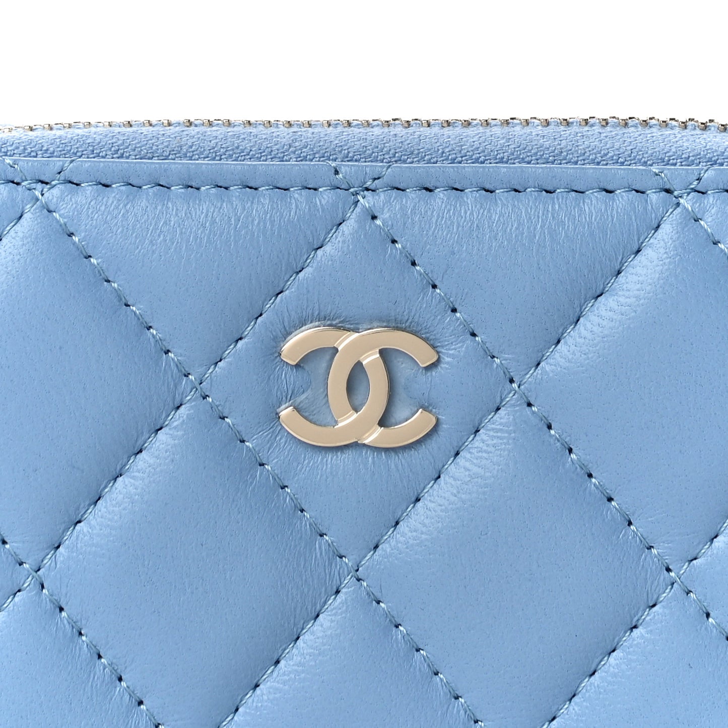 Lambskin Quilted Zip Around Coin Purse Wallet Light Blue