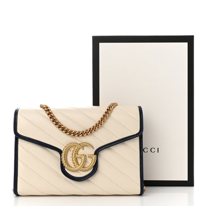 Gucci Vintage Effect Calfskin Matelasse Diagonal Torchon GG Marmont Chain Wallet Mystic White Blue Agata 10 of 10