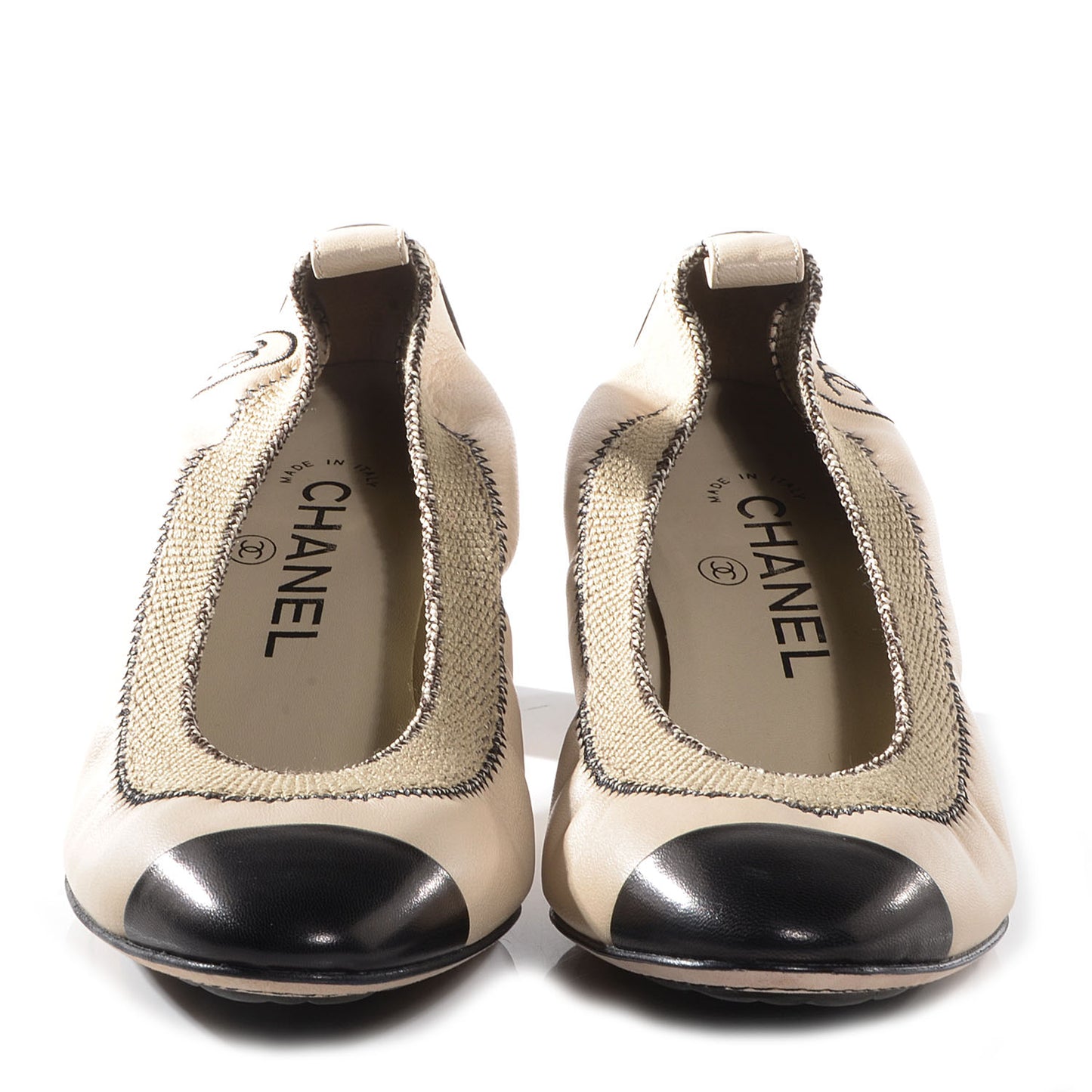 Leather Elastic Cap Toe Ballerina Pumps 37 Beige Black