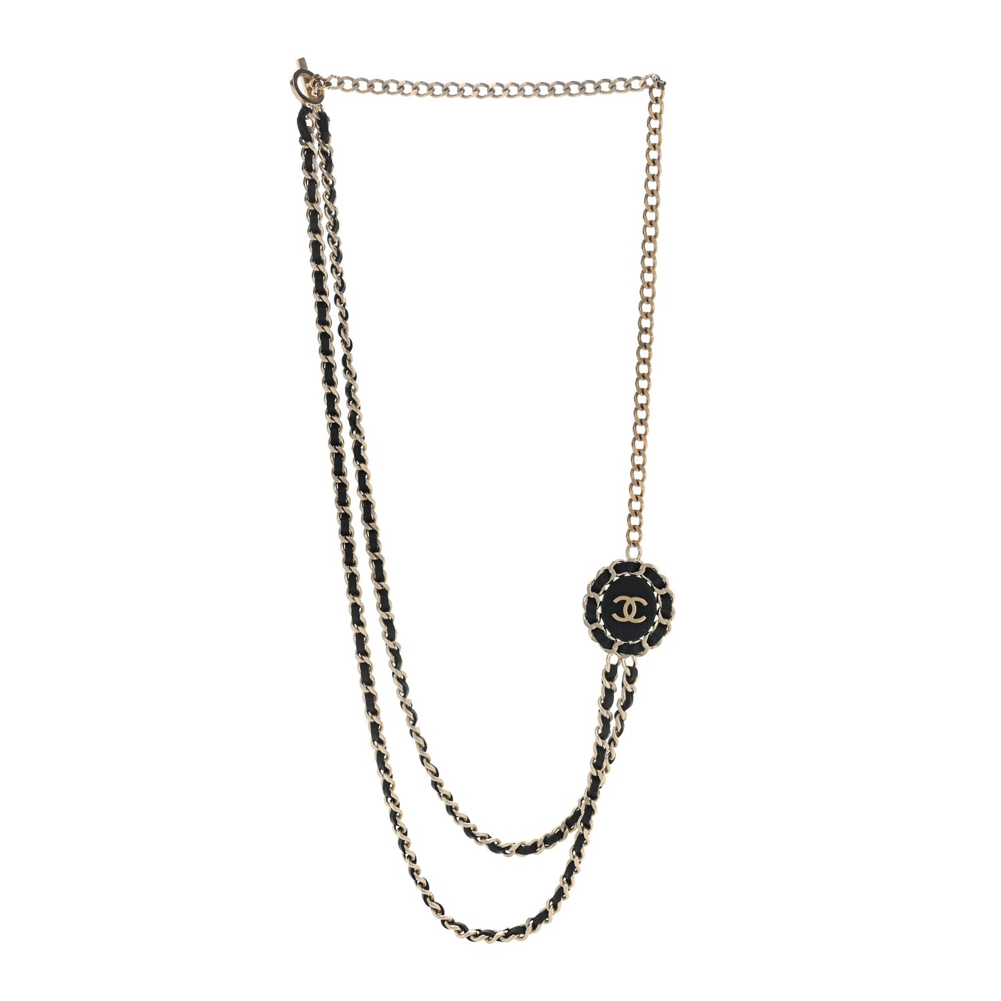 Lambskin CC Long Chain Necklace Black Gold