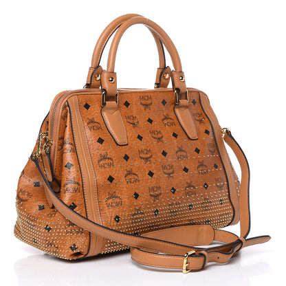 MCM Visetos Studded Medium Boston Satchel Cognac 3 of 10