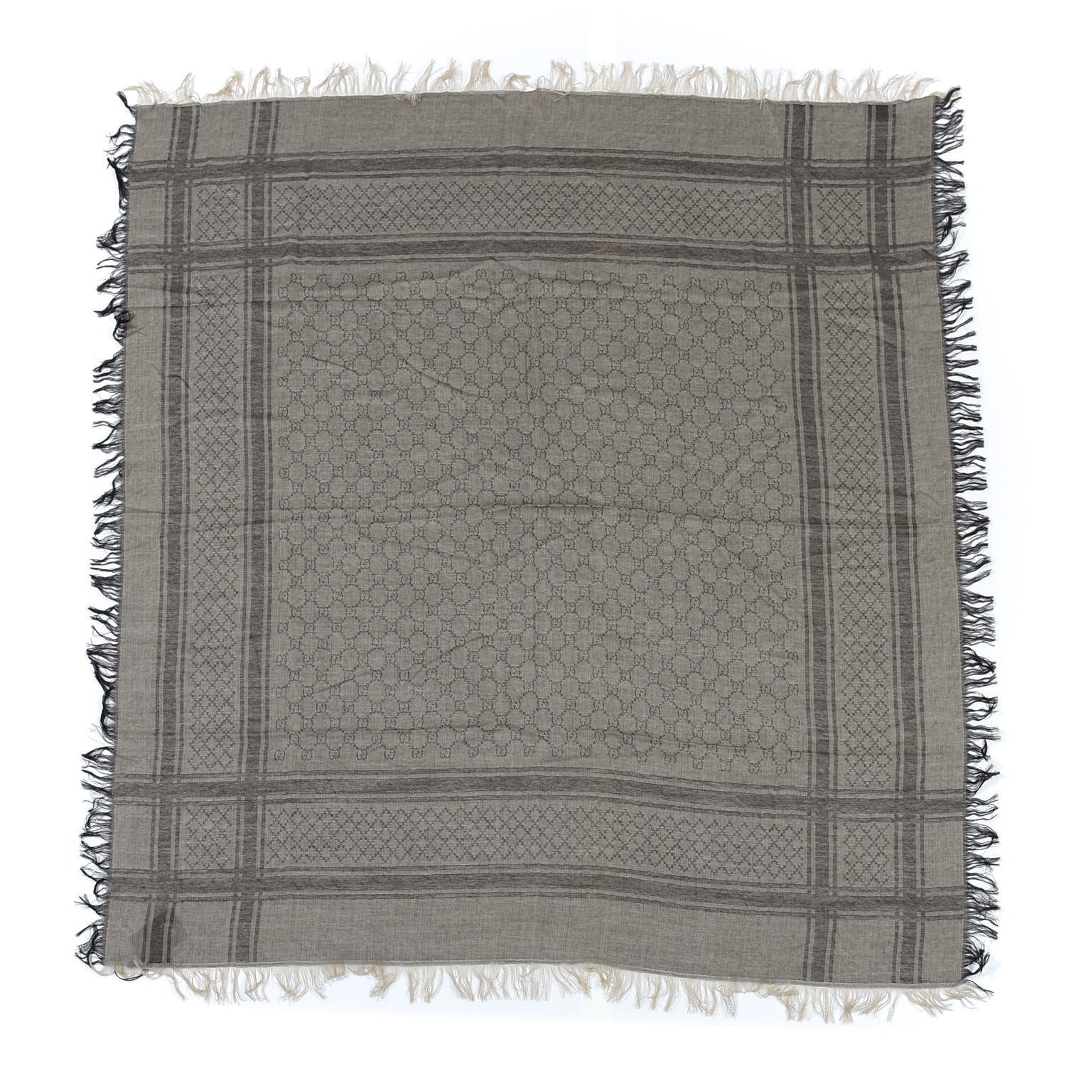 Gucci Wool Silk GG Monogram Diamante Plaid Surviee Shawl Beige Dark Brown 1 of 5