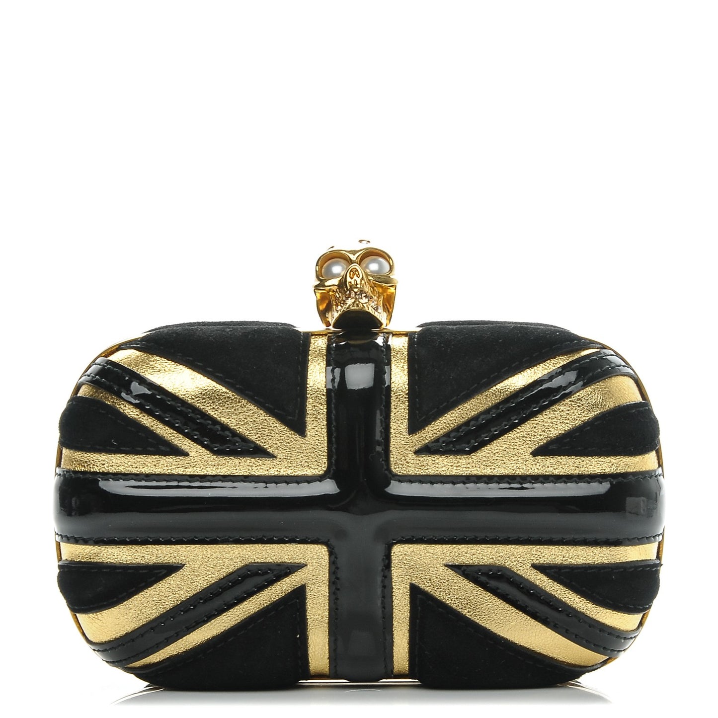 Patent Calfskin Suede Britannia Skull Box Clutch Black Gold