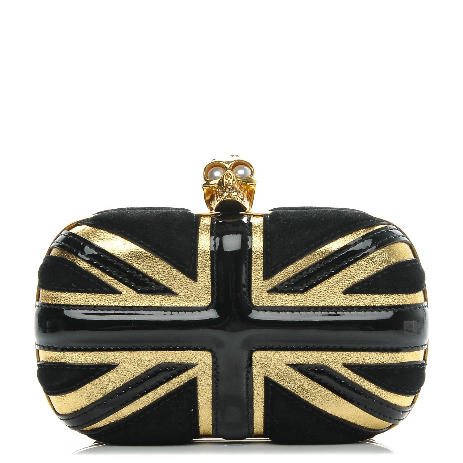 Alexander McQueen Patent Calfskin Suede Britannia Skull Box Clutch Black Gold 1 of 7