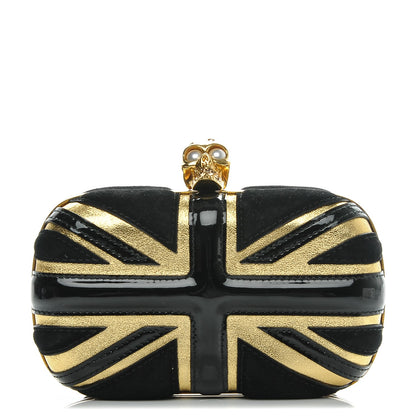 Alexander McQueen Patent Calfskin Suede Britannia Skull Box Clutch Black Gold 1 of 7