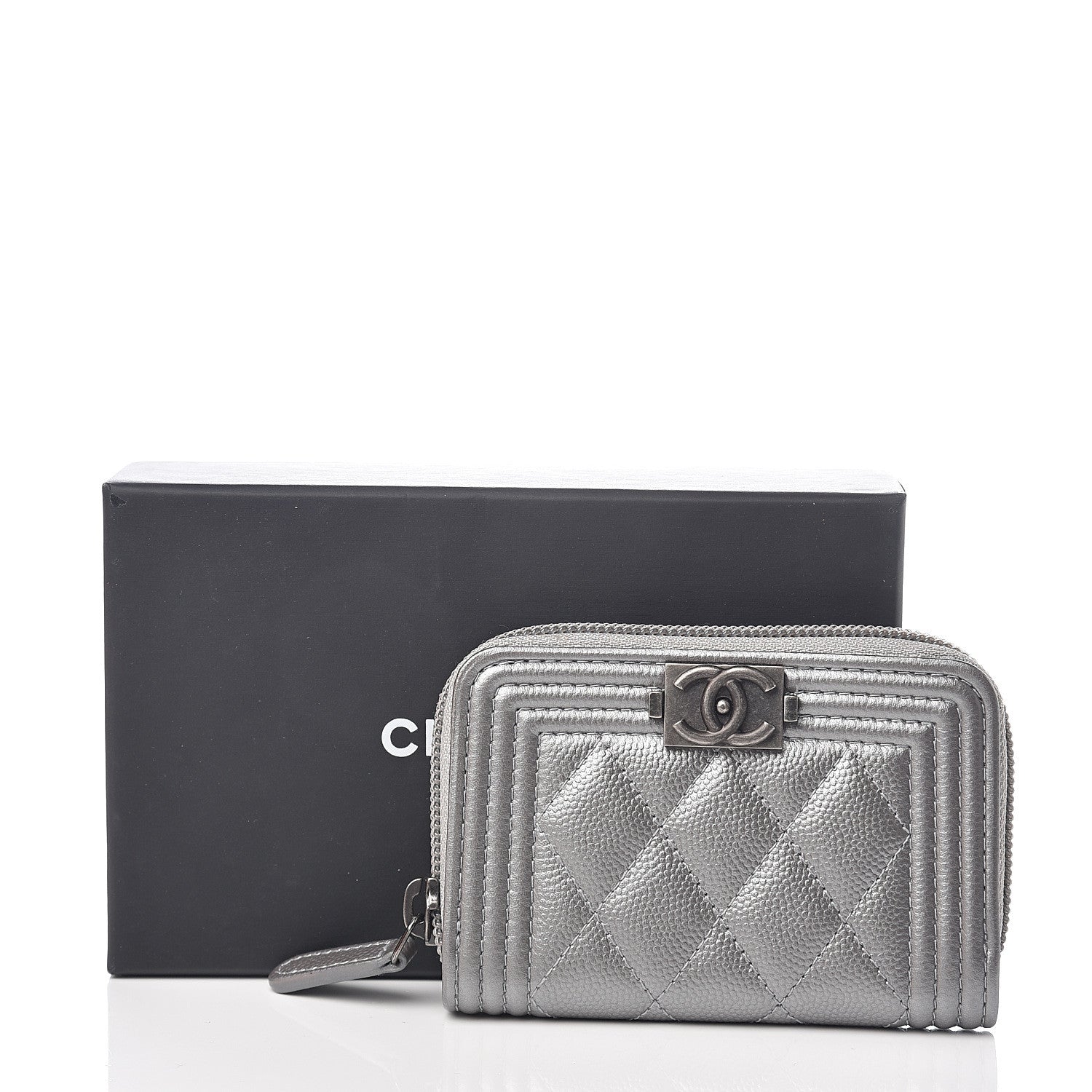 Chanel Metallic Caviar Quilted Boy Zip Around Coin Purse Wallet Silver 7 of 7