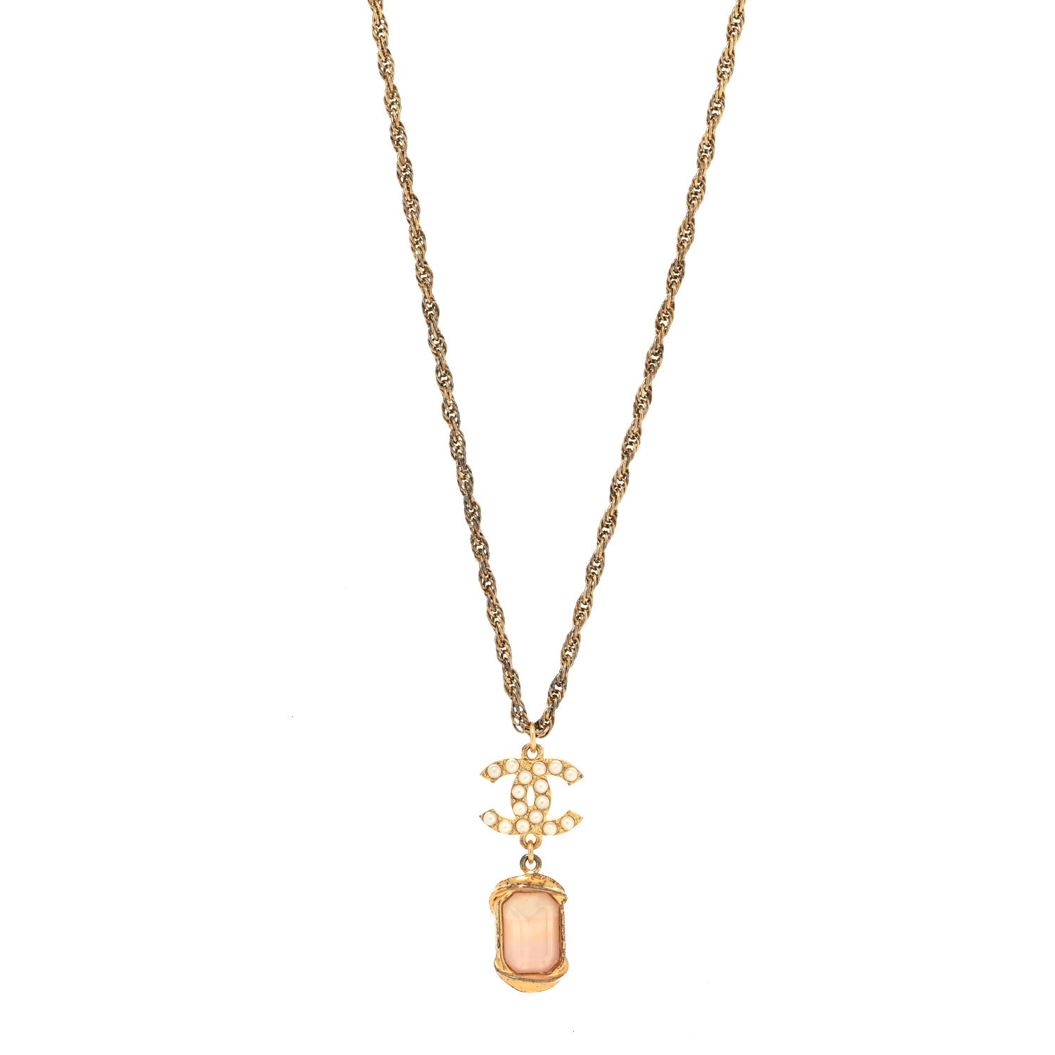 Chanel Pearl Crystal CC Pendant Necklace Gold Pink Pearly White 1 of 6