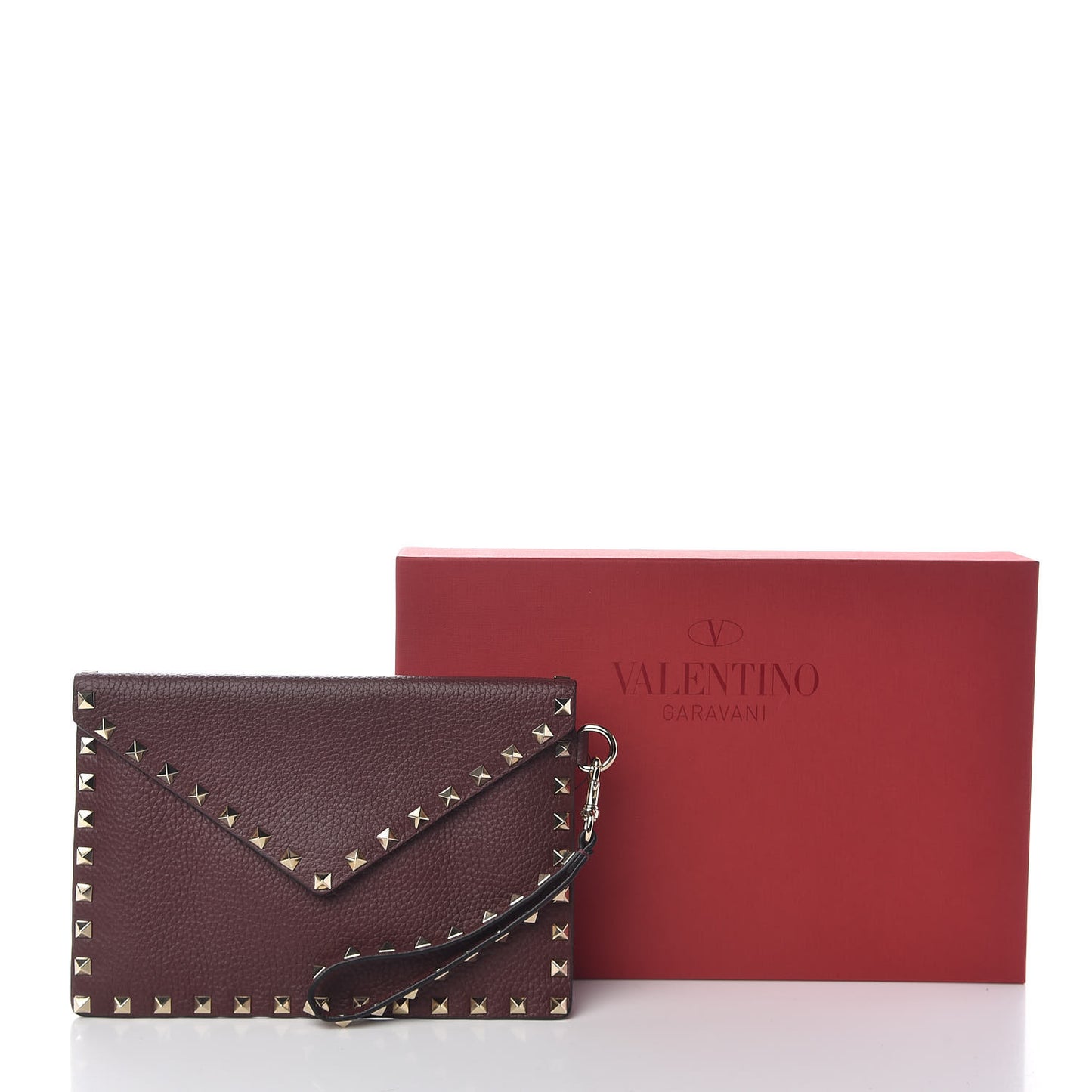 Pebbled Calfskin Medium Rockstud Envelope Flat Wristlet Pouch Rubin