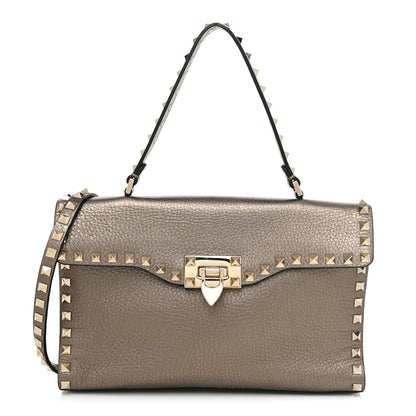Valentino Garavani Metallic Pebbled Calfskin Small Rockstud Single Handle Flap Bag Sasso 1 of 9