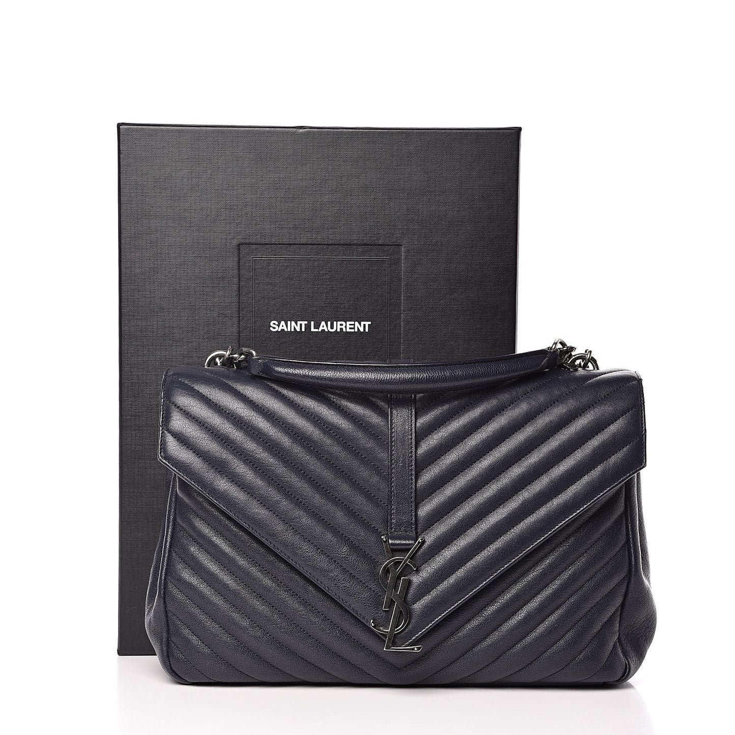 Sheepskin Matelasse Chevron Monogram Large College Satchel Navy Blue