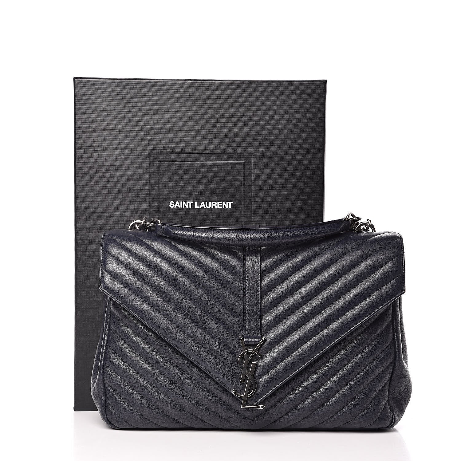 Saint Laurent Sheepskin Matelasse Chevron Monogram Large College Satchel Navy Blue 19 of 19
