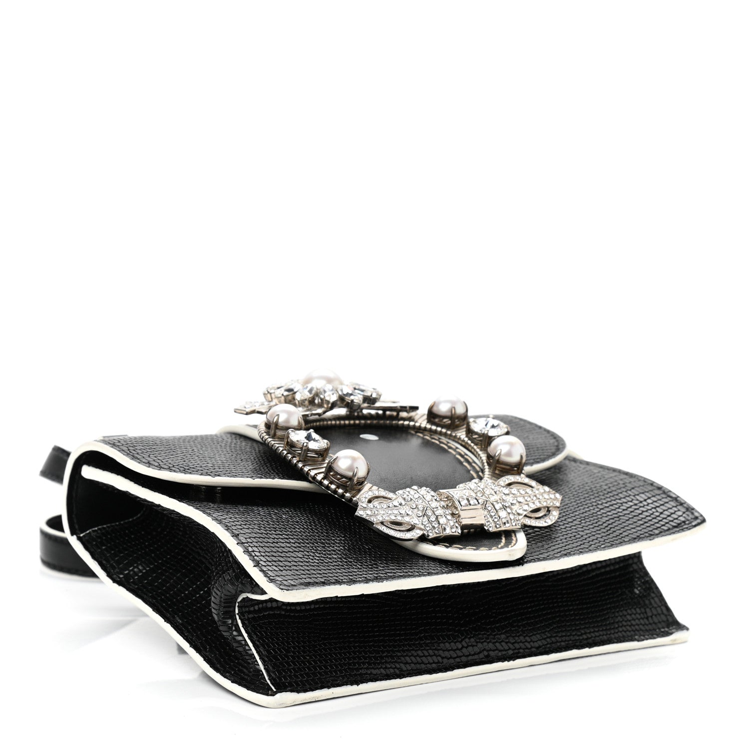 Miu Miu Embossed Lizard Calfskin Crystal Embellished Saint Lucertola Shoulder Bag Black 4 of 11