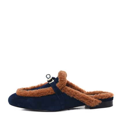 Hermes Suede Goatskin Woolskin Womens Oz Mules 37 Marine Gold 1 of 9