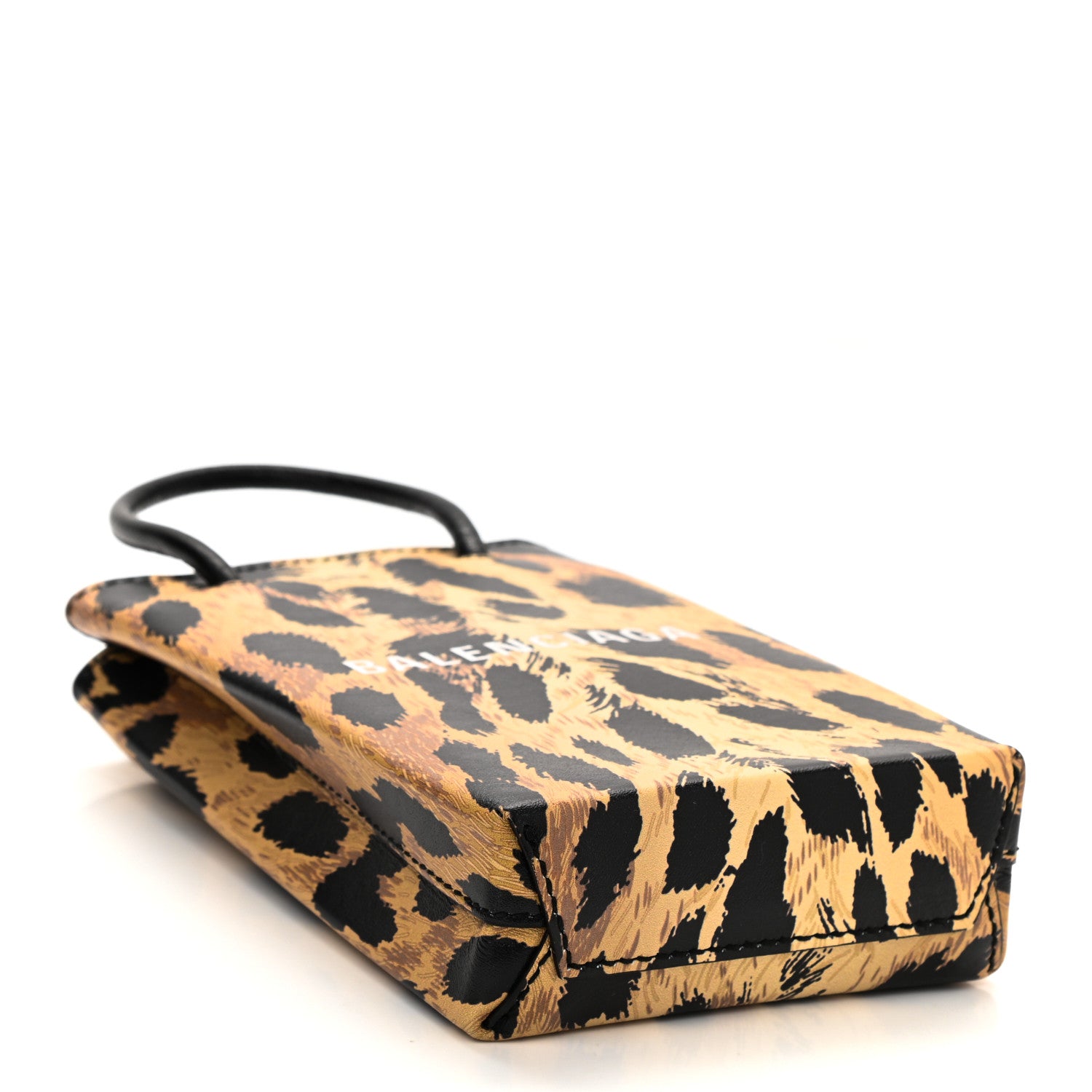 Balenciaga Smooth Calfskin Leopard Print Logo Shopping Phone Holder Bag Beige Black 4 of 9