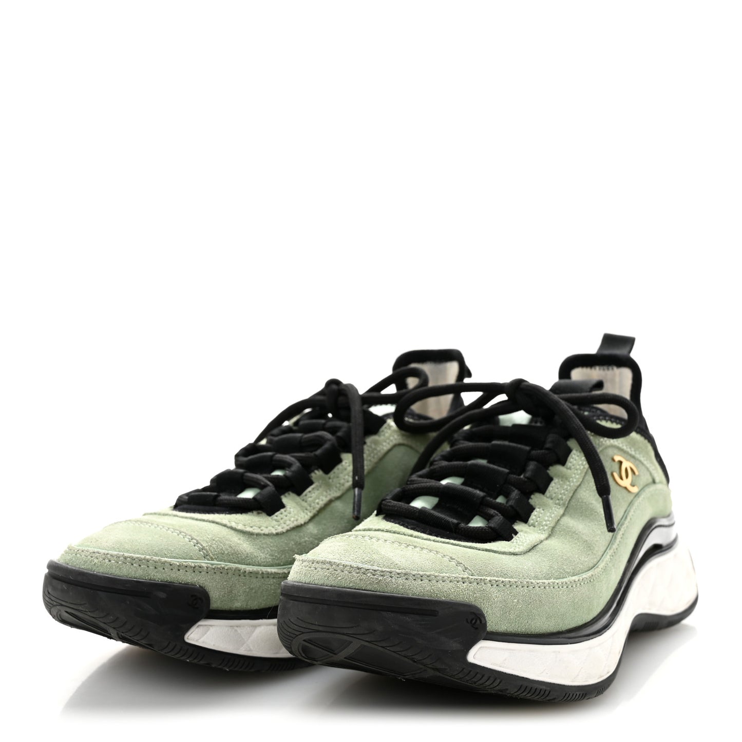 Suede Calfskin Nylon Grosgrain CC Sneakers 37.5 Light Green