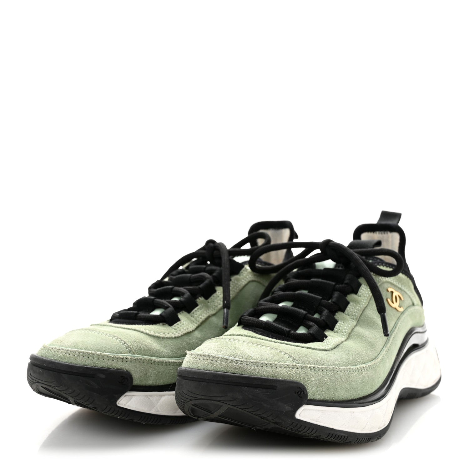 Chanel Suede Calfskin Nylon Grosgrain CC Sneakers 37.5 Light Green 4 of 10