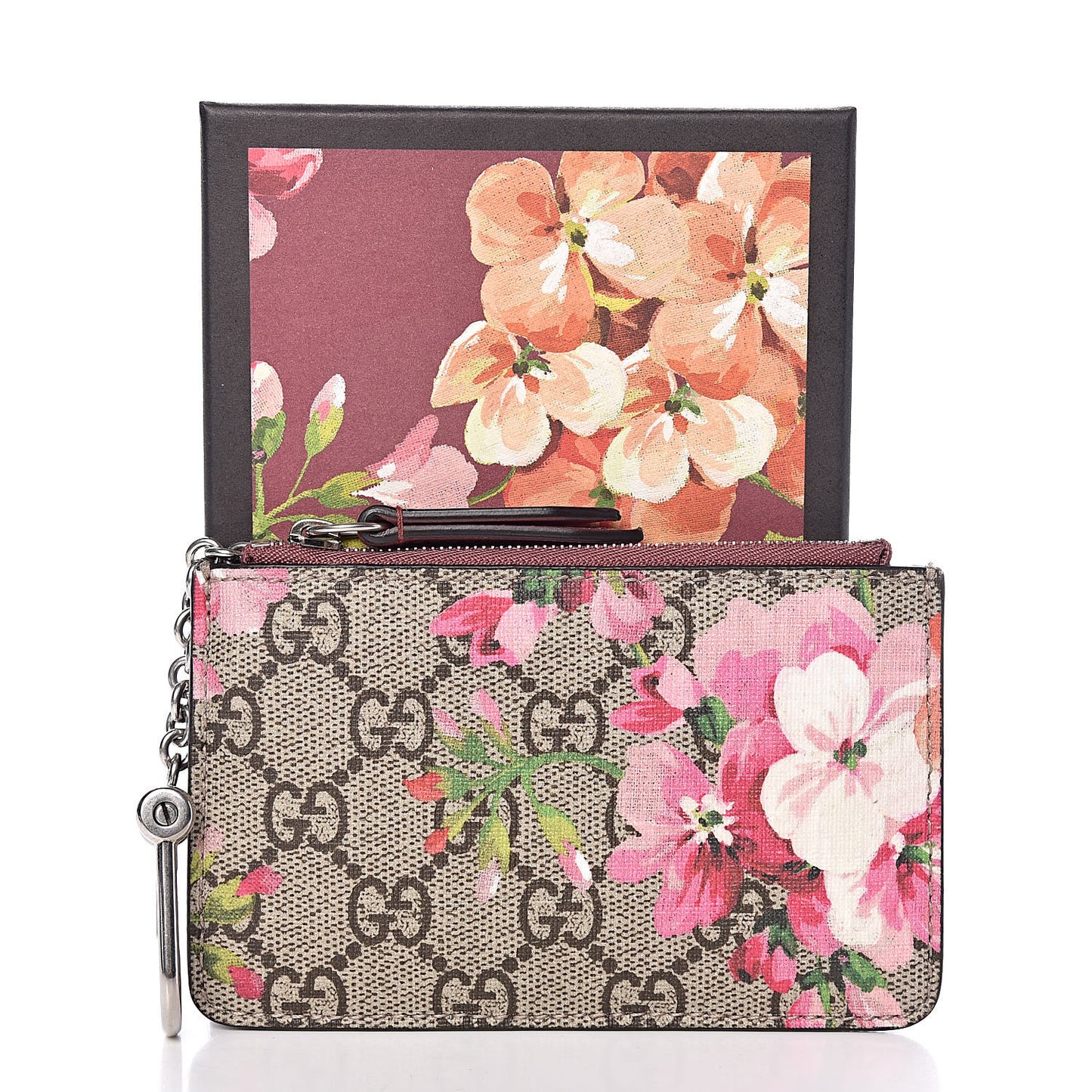 GG Supreme Monogram Blooms Key Ring Coin Case Beige Multicolor Dry Rose