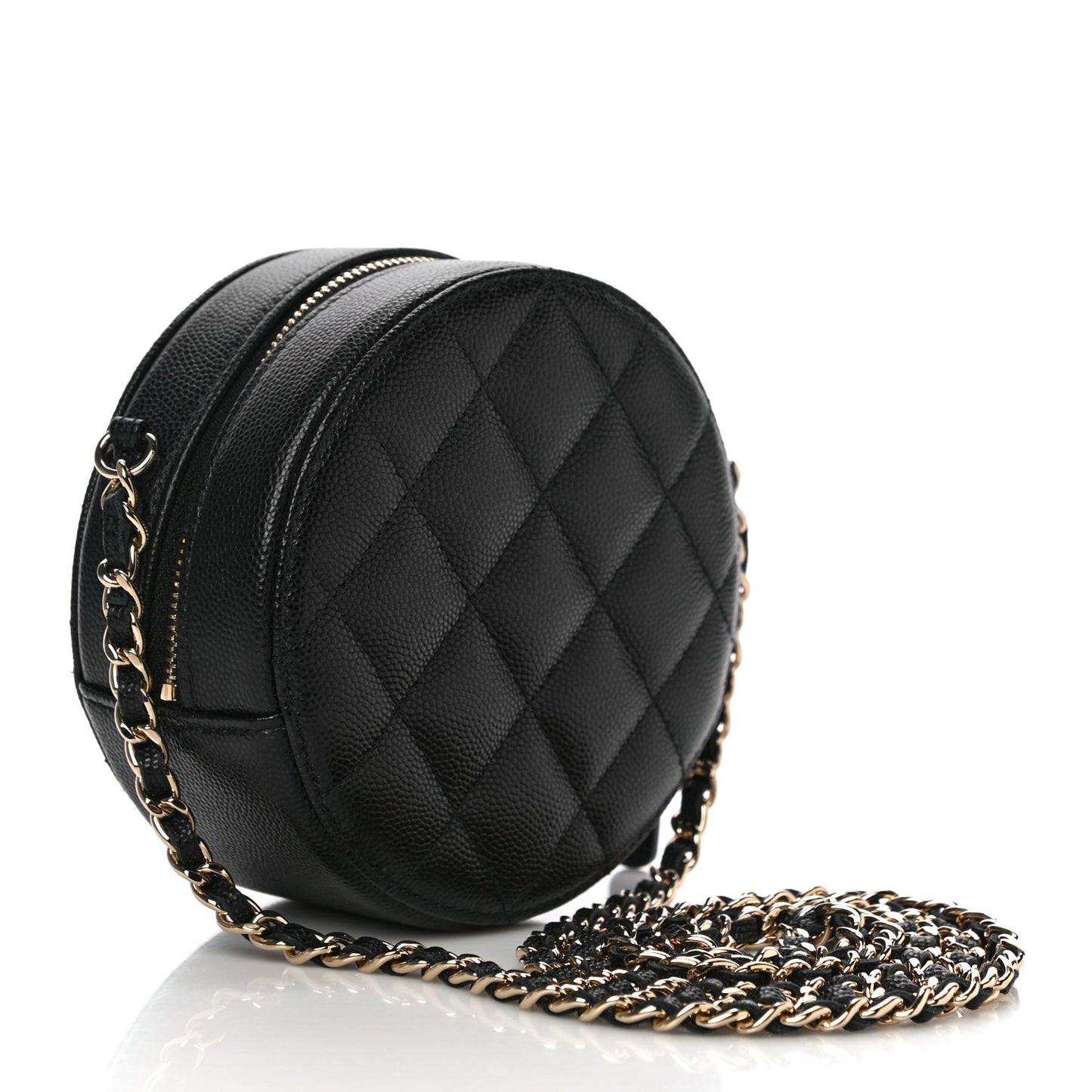 Caviar Quilted Round Clutch With Chain Black