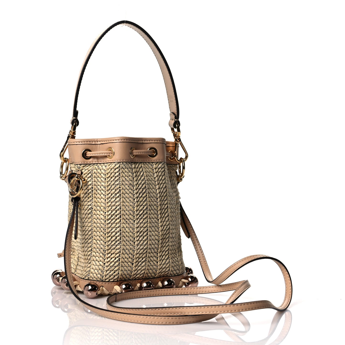 Raffia Pearl Herringbone Embellished Mini Mon Tresor Bucket Bag