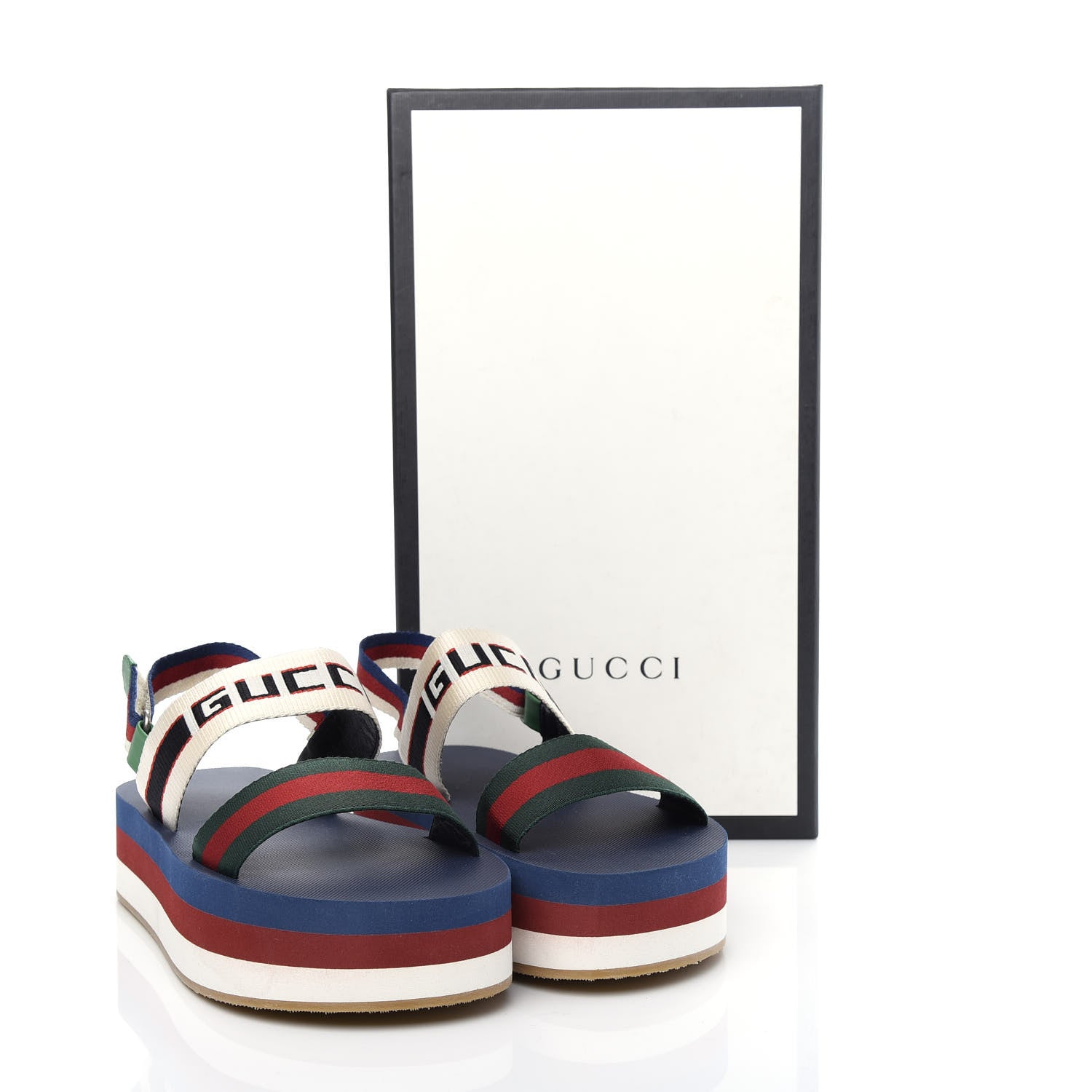 Gucci Canvas Logo Stripe Flatform Slingback Sandals 38 Green Red Blue 10 of 10