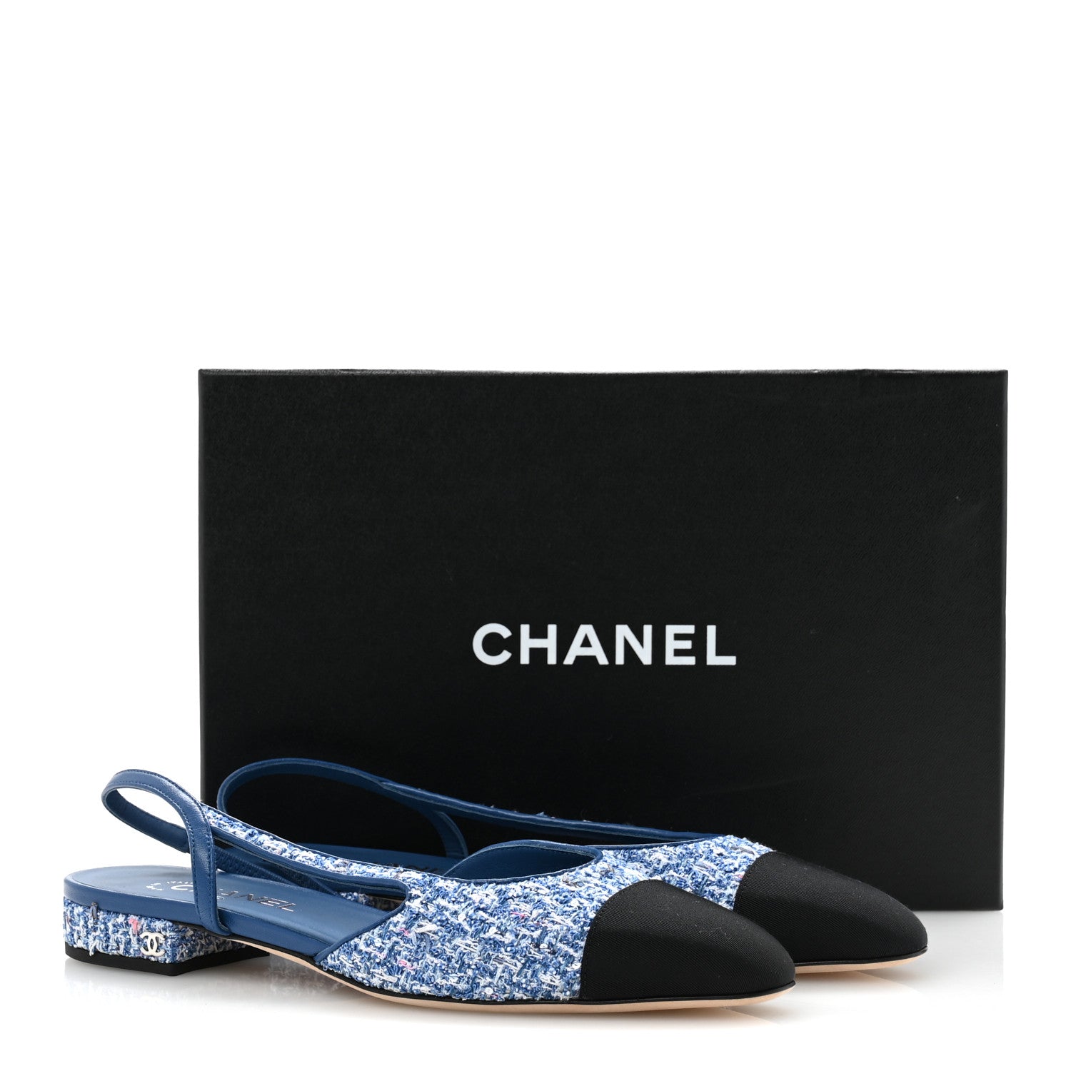 Chanel Tweed Grosgrain Cap Toe Slingback Flats 39.5 Blue White Black 10 of 10