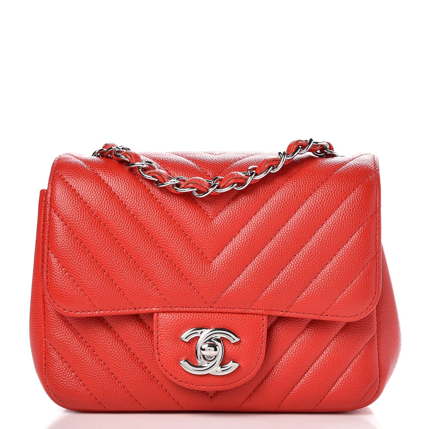Caviar Chevron Quilted Mini Square Flap Red