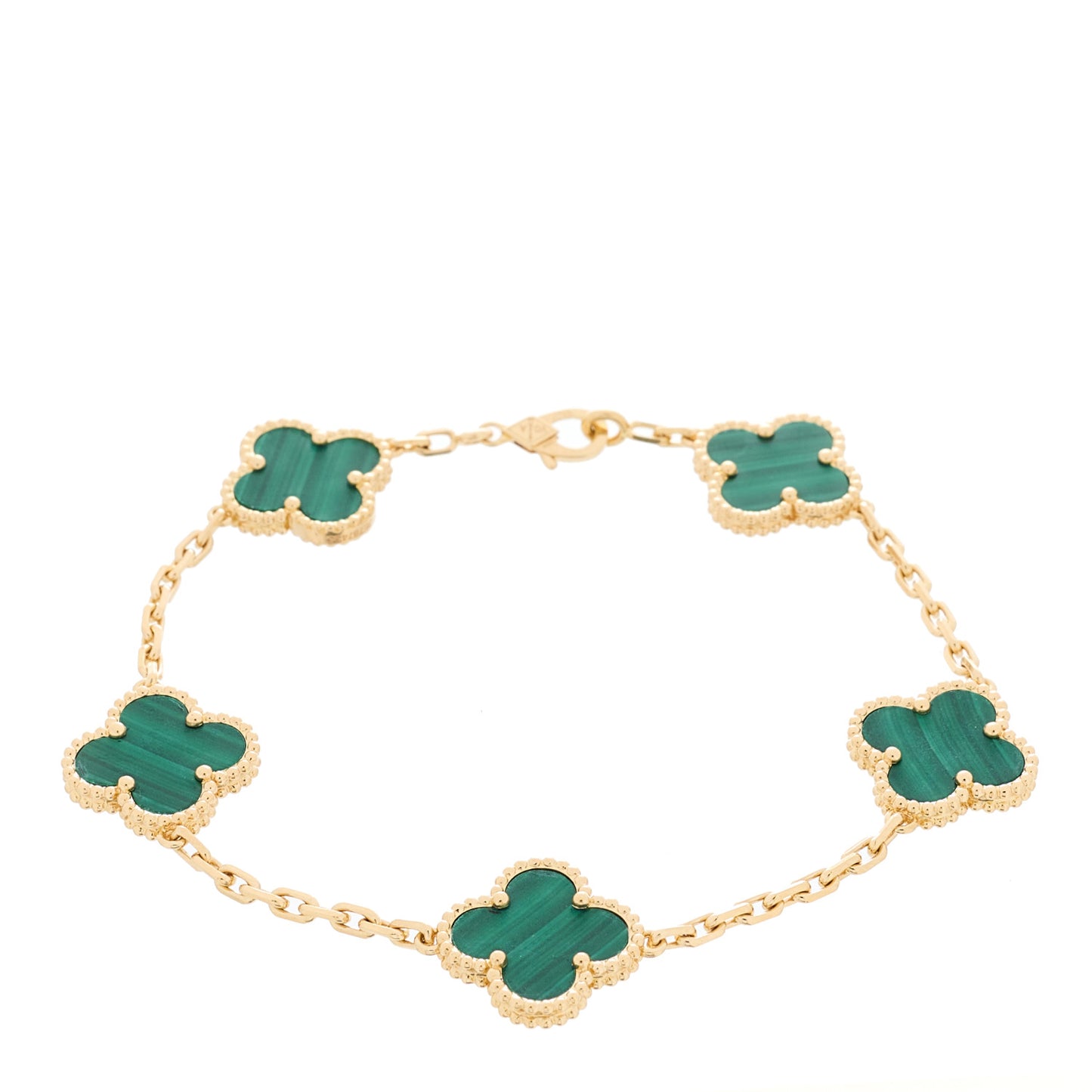 18K Yellow Gold Malachite 5 Motifs Vintage Alhambra Bracelet