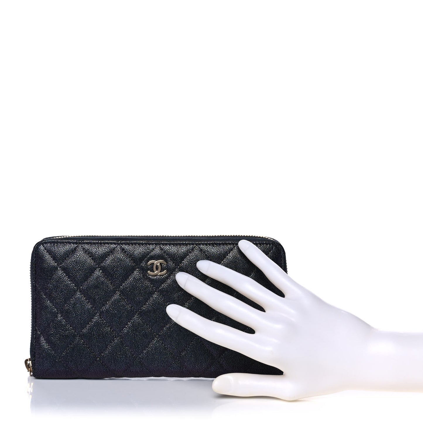 Iridescent Caviar Quilted Long Zip Around Wallet Black