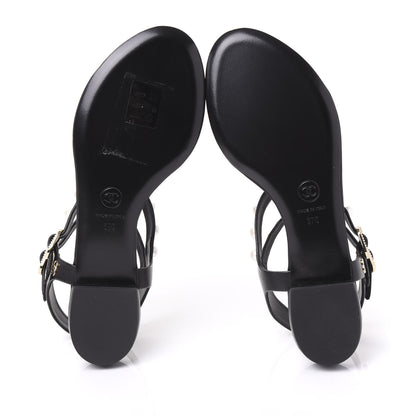 Chanel Lambskin Pearl Thong Sandals 37 Black 5 of 8