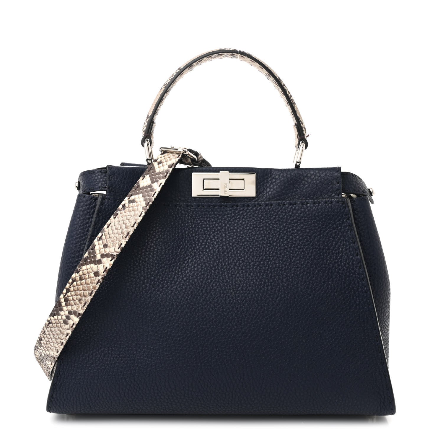 Fendi Cuoio Romano Snakeskin Selleria Medium Peekaboo Iconic Satchel Blue Notte 1 of 15