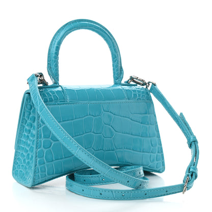Balenciaga Shiny Calfskin Crocodile Embossed Hourglass Top Handle Bag XS Turquoise 3 of 10