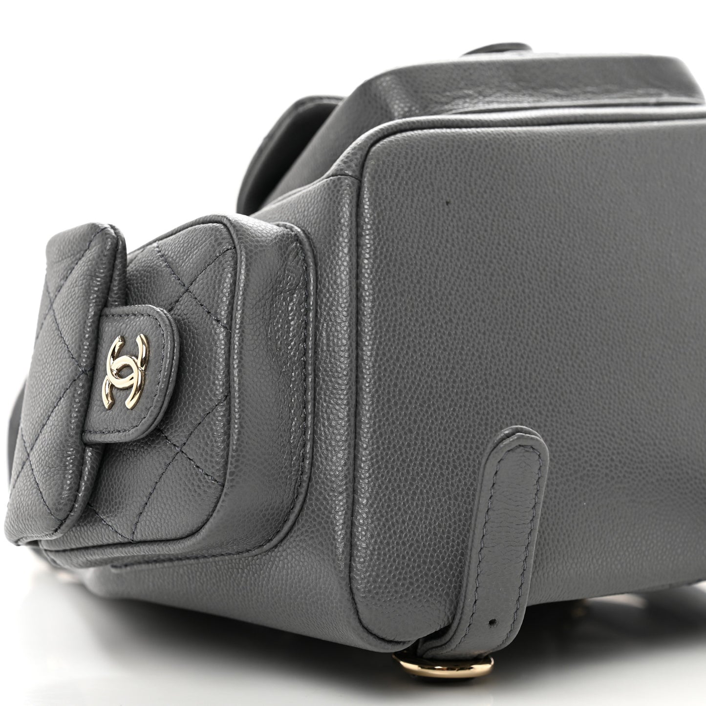 Shiny Caviar Quilted Pockets Drawstring Backpack Grey
