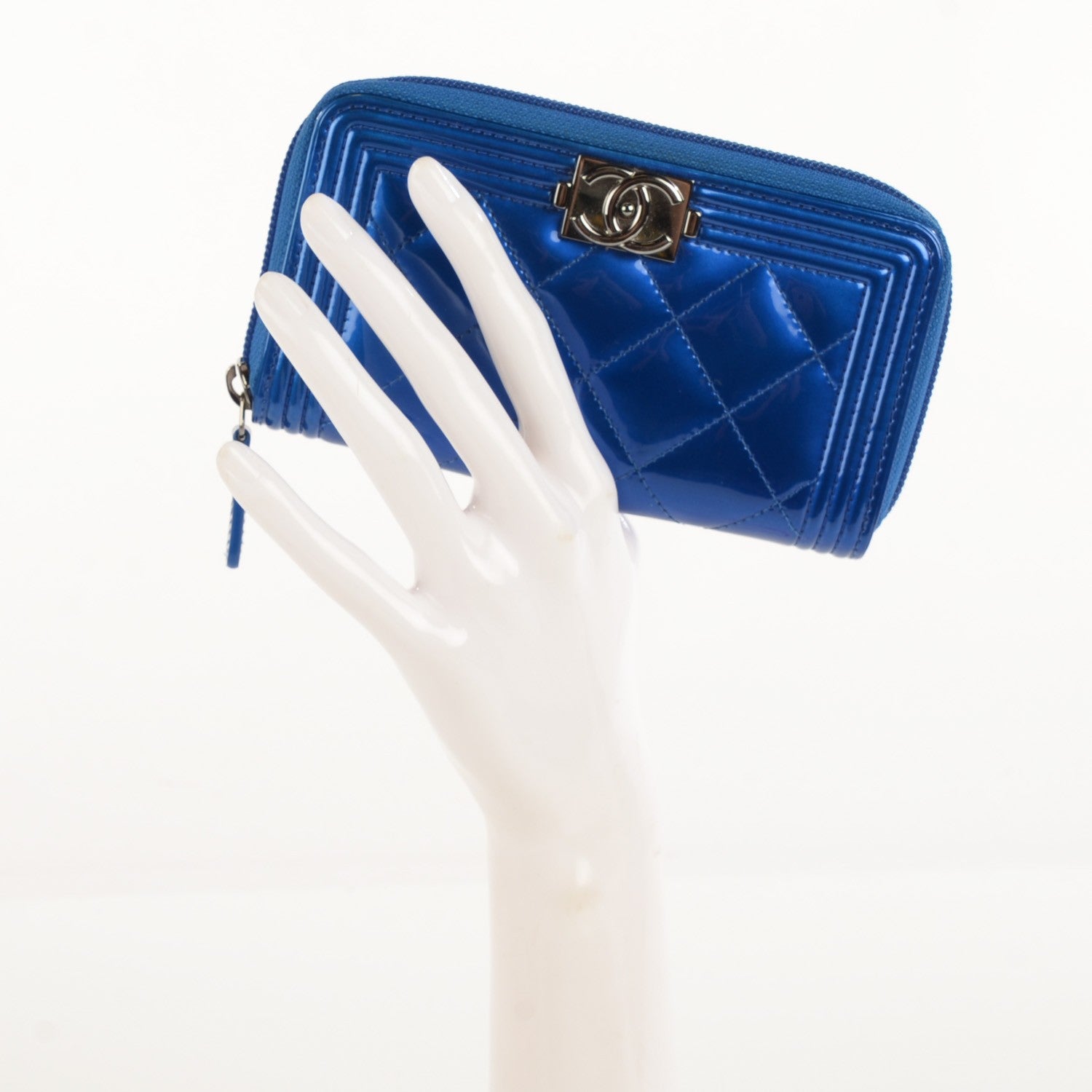 Chanel Metallic Patent Quilted Boy Zip Around Wallet Blue 2 of 9