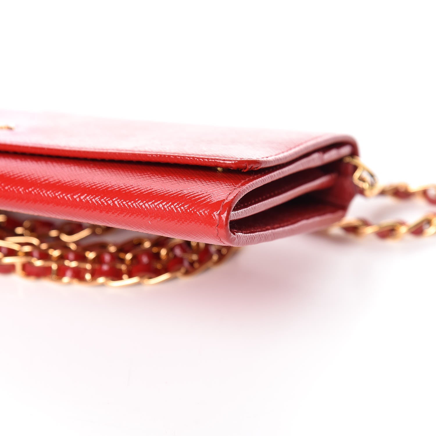 Prada Saffiano Vernice Metal Oro Chain Wallet Rosso 12 of 13